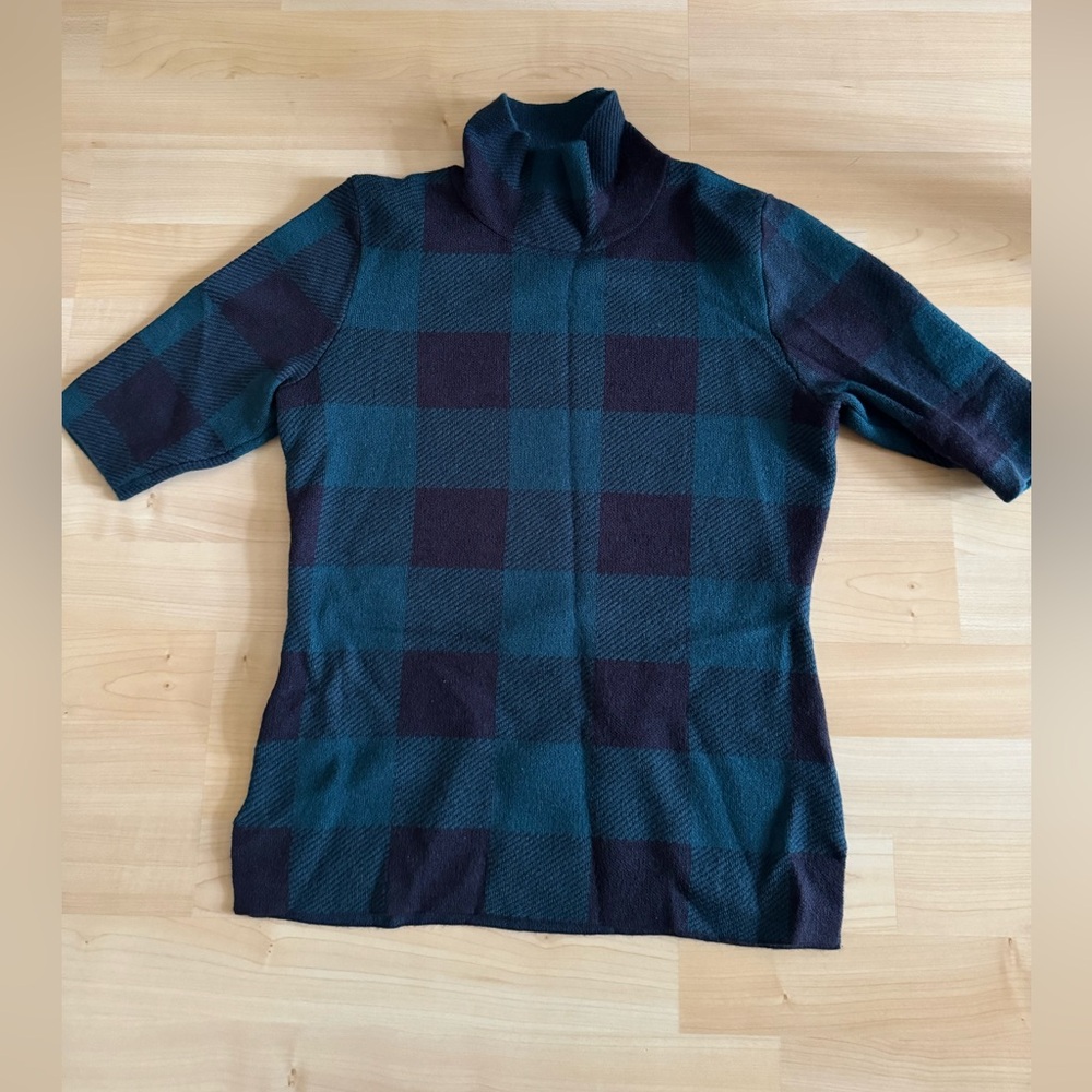 Ann Taylor Teal/Navy Blue Plaid Mock-Neck Half-Sleeve sweater